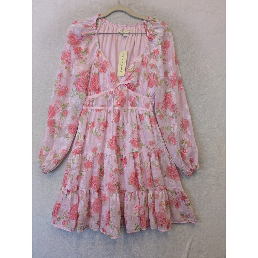 Thirty Thirty LAโ Pink Floral Tiered Mini Dress V-Neck Long Sleeve Small